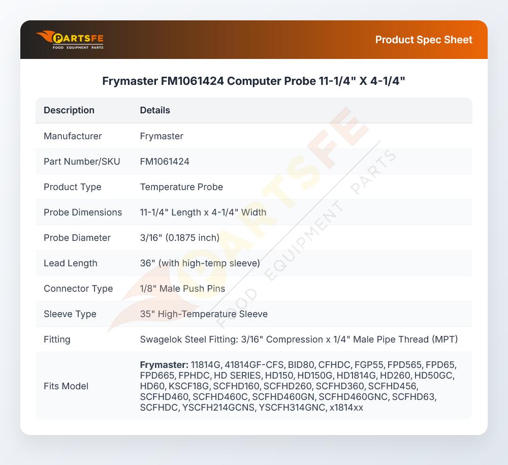 Frymaster FM1061424 Fryer Computer Probe 11-1/4" X 4-1/4" 3/16" DIA 36" Leads W/1/8" Male Push Pin 35" HI-Temp Sleeve