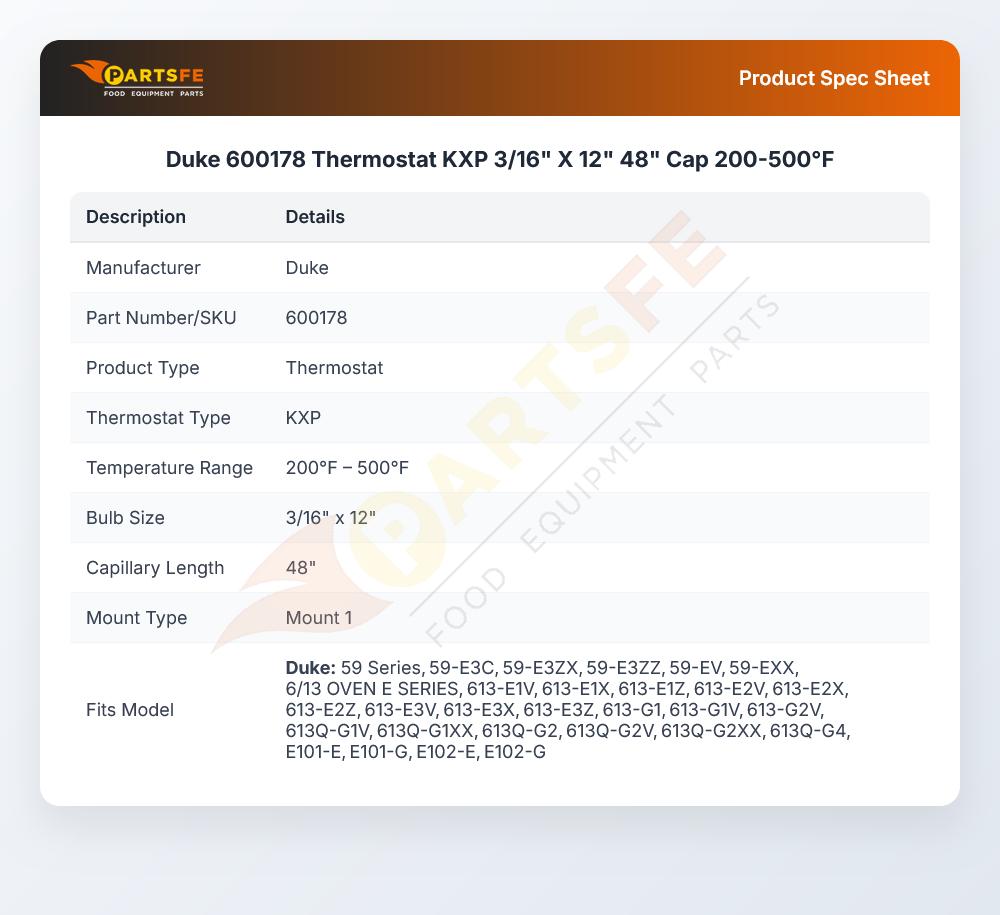 Duke 600178 Thermostat KXP 3/16" X 12" 200-500&deg;F 48" CAP