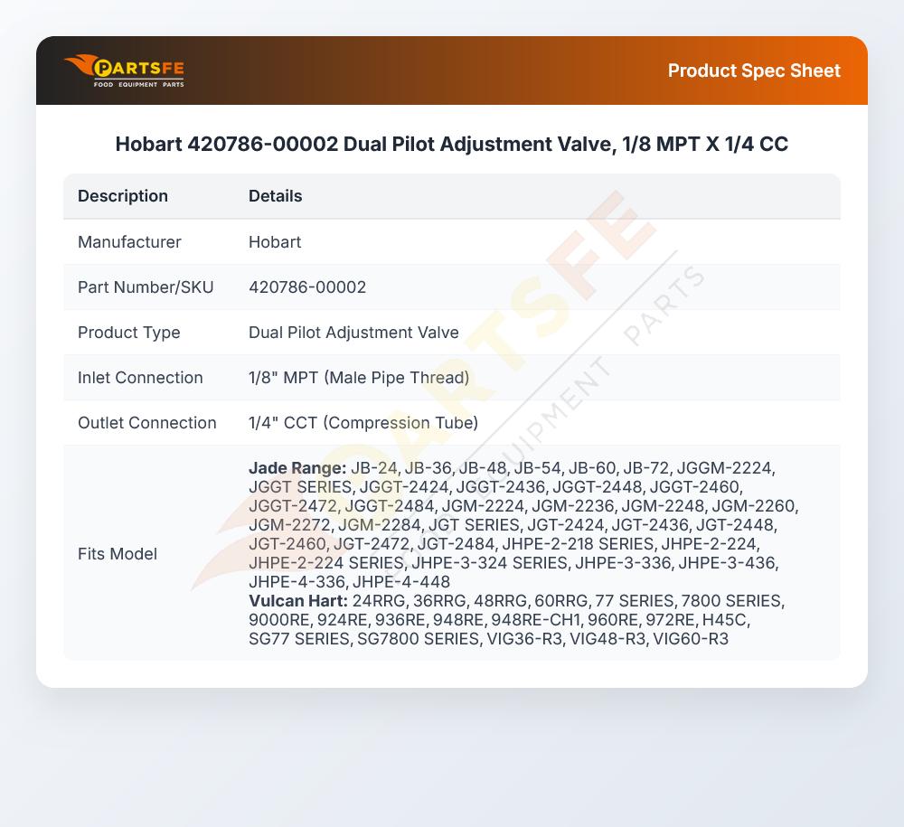 Hobart 420786-00002 Dual Pilot Adjustment Valve, 1/8 MPT X 1/4 CC
