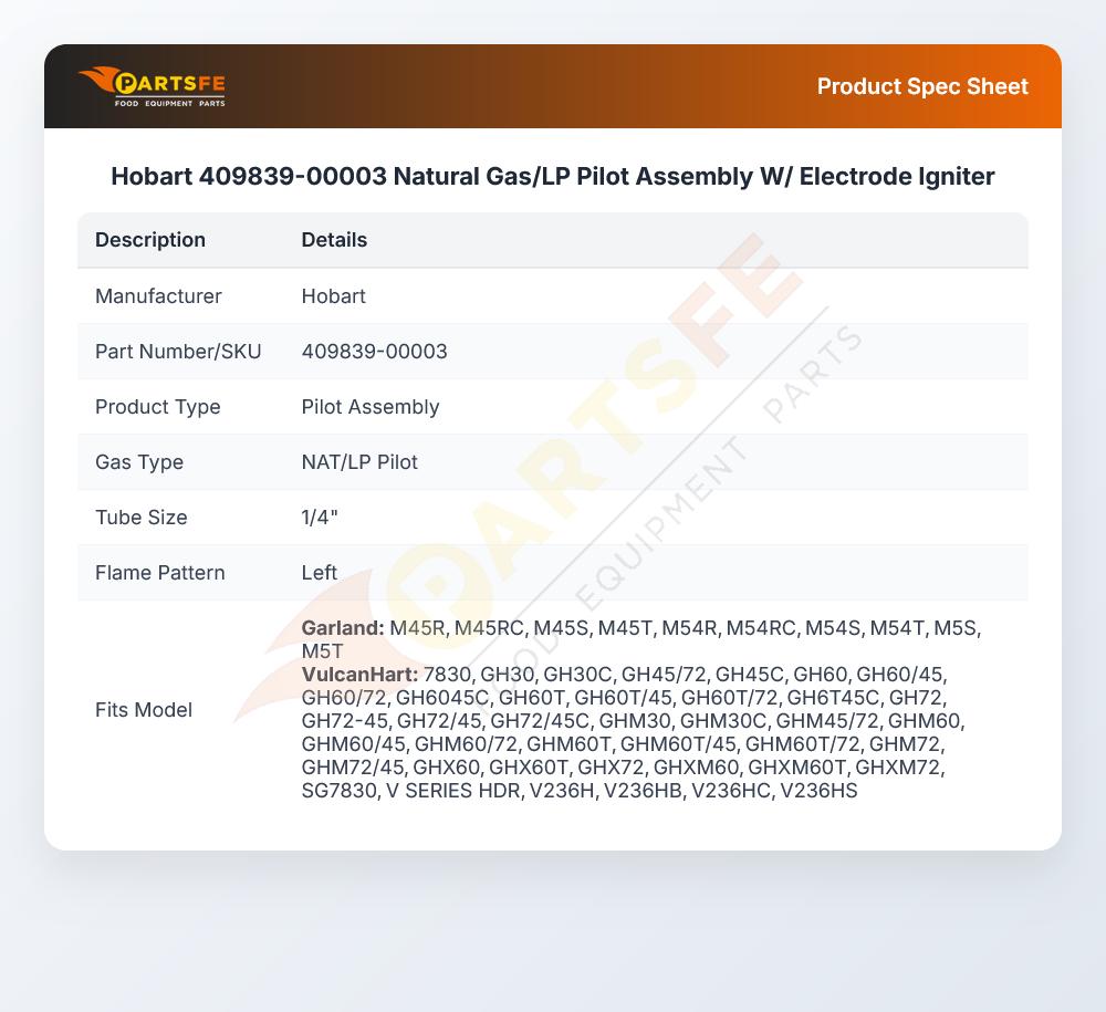 Hobart 409839-00003 Natural Gas/LP Pilot Assembly W/ Electrode Igniter