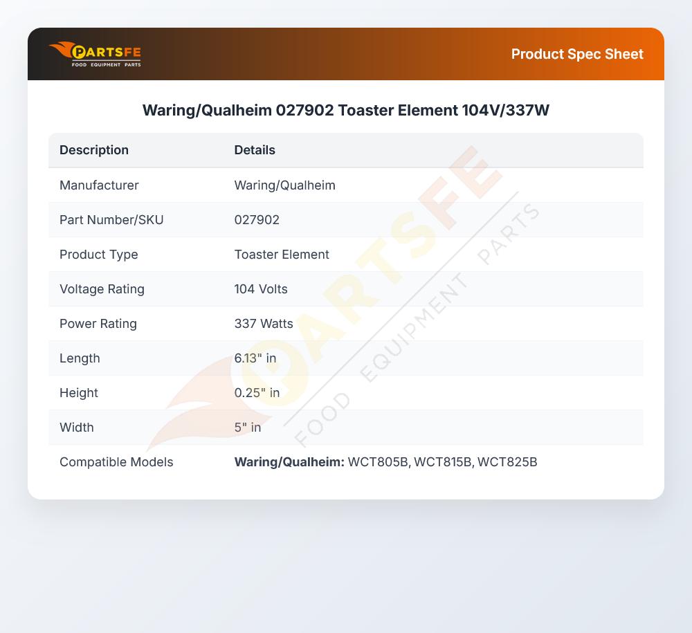 Waring/Qualheim 027902 Toaster Element 337W 104V