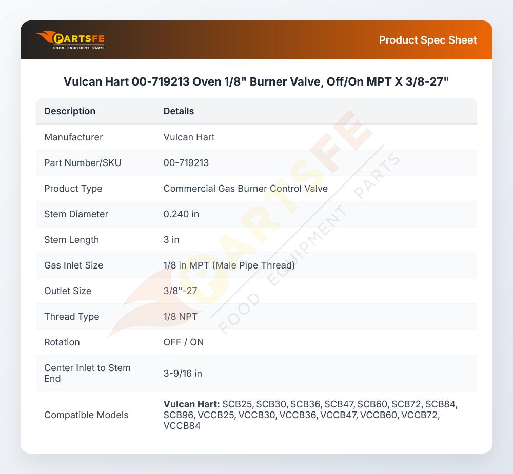 Vulcan Hart 00-719213 Charbroiler Burner Gas Valve Off/On 1/8" MPT X 3/8-27"