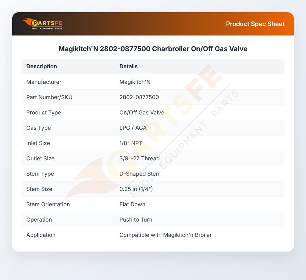 Magikitch'N 2802-0877500 Charbroiler On/Off Gas Valve