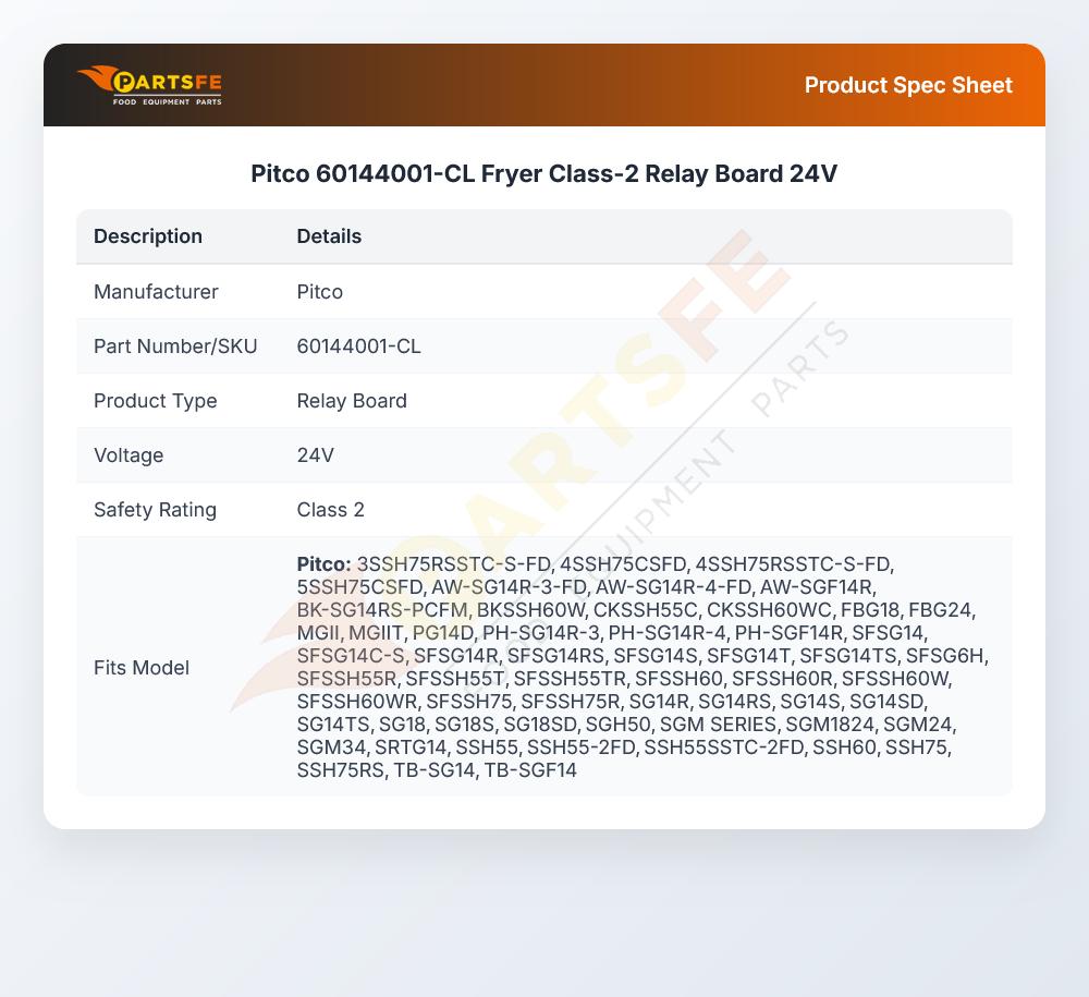 Pitco 60144001-CL Fryer Relay Board Class-2 24V