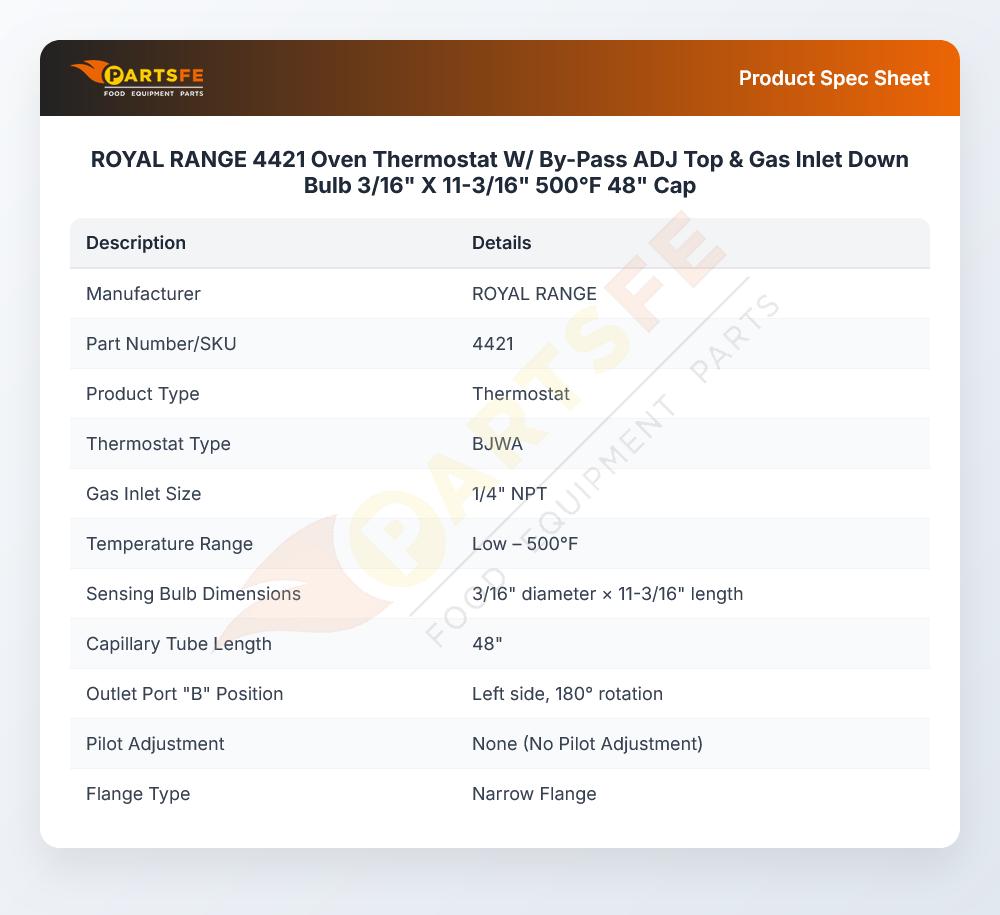 ROYAL RANGE 4421 Oven Thermostat W/ By-Pass ADJ Top & Gas Inlet Down Bulb 3/16" X 11-3/16" 500&deg;F 48" Cap