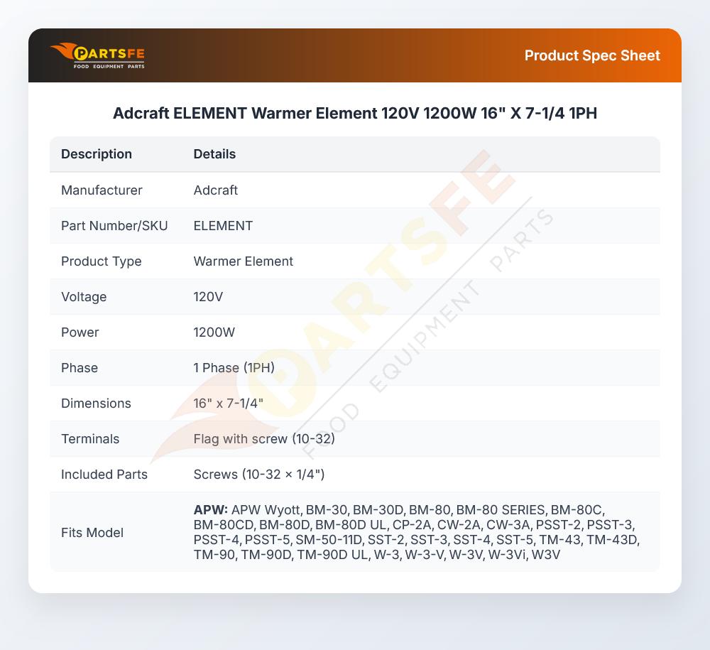 Adcraft ELEMENT Warmer Element 16" X 7-1/4" 1200W 120V 1PH