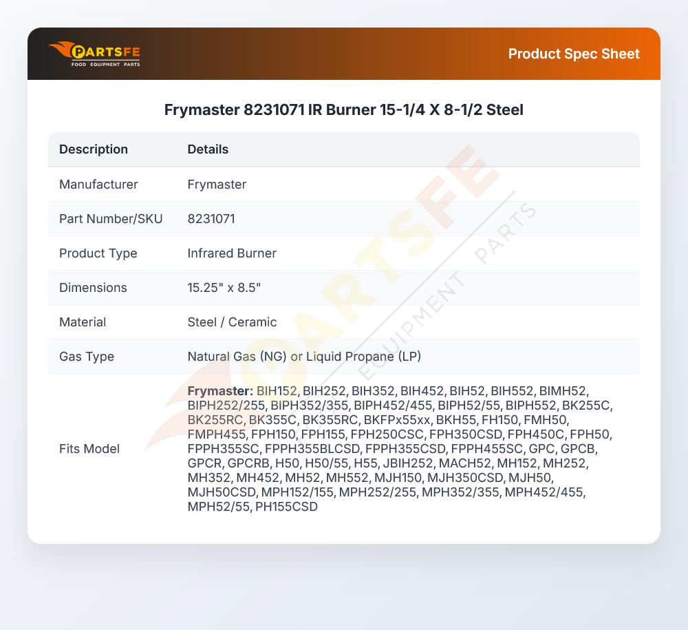 Frymaster 8231071 Fryer Infrared Burner Steel 15-1/4" X 8-1/2"