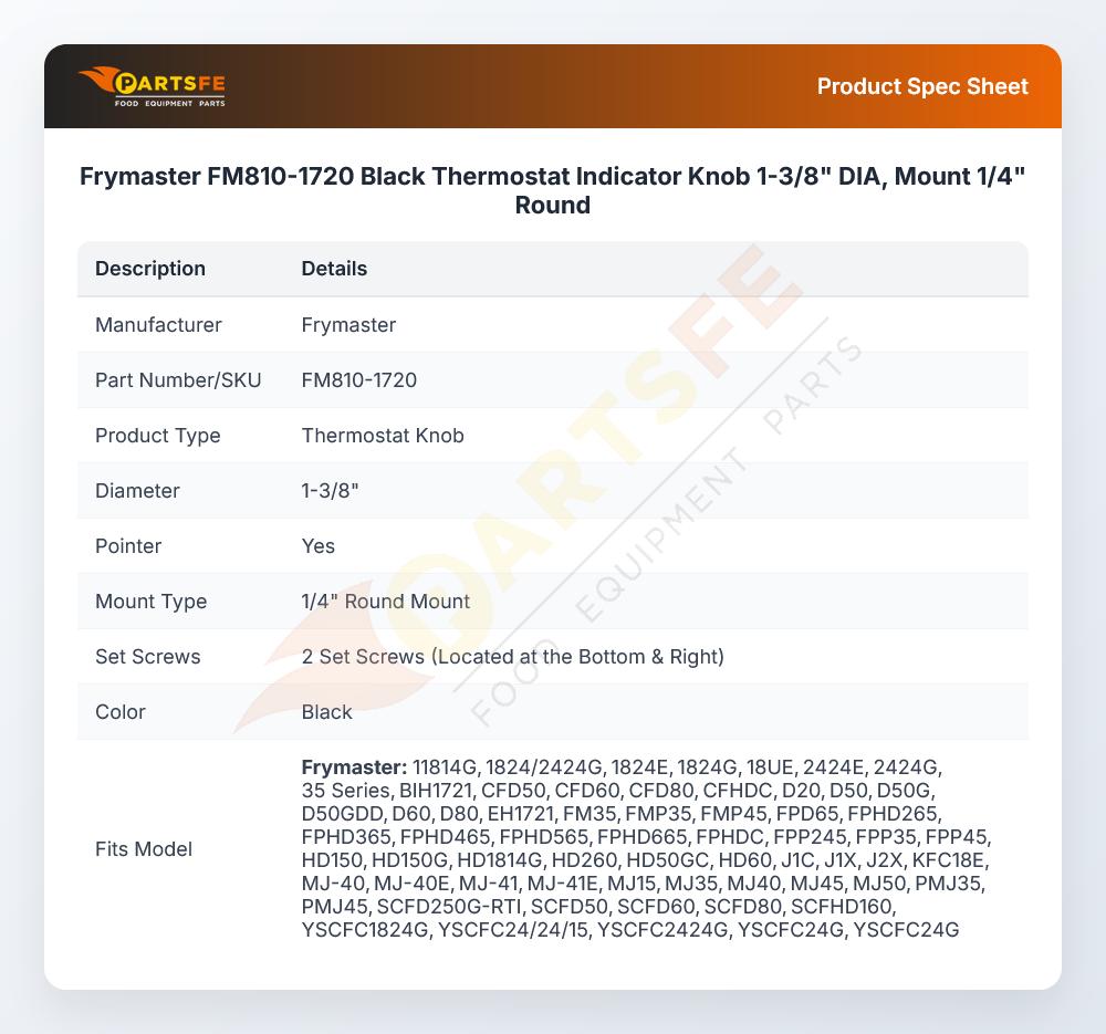 Frymaster FM810-1720 Black Thermostat Indicator Knob 1-3/8" DIA, Mount 1/4" Round