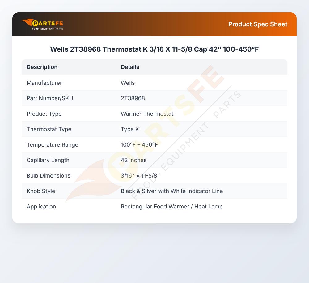 Wells 2T38968 Thermostat K 3/16 X 11-5/8 Cap 42" 100-450&deg;F
