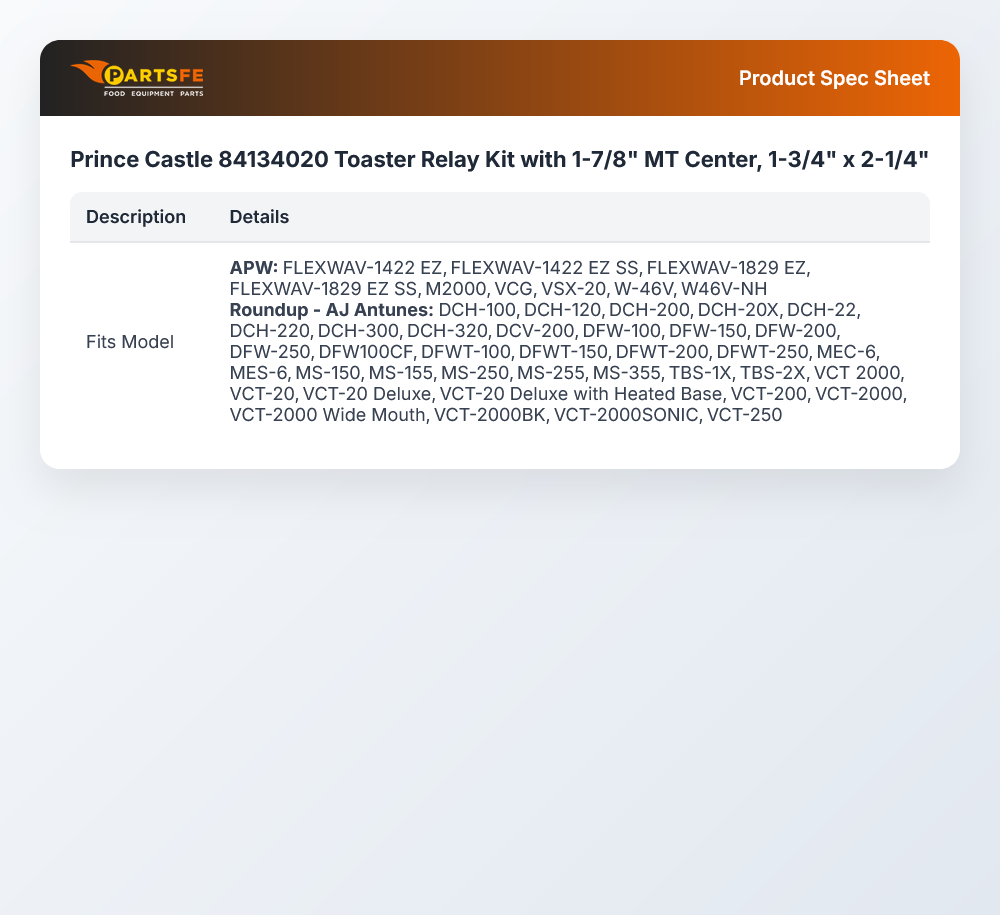 Prince Castle 84134020 Toaster Relay Kit with 1-7/8" MT Center, 1-3/4" x 2-1/4"