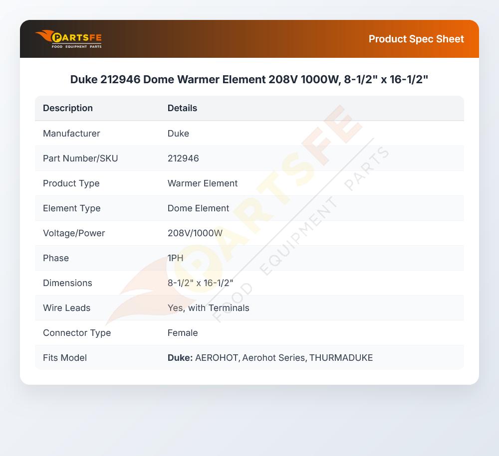 Duke 212946 Dome Warmer Element 208V 1000W, 8-1/2" x 16-1/2"