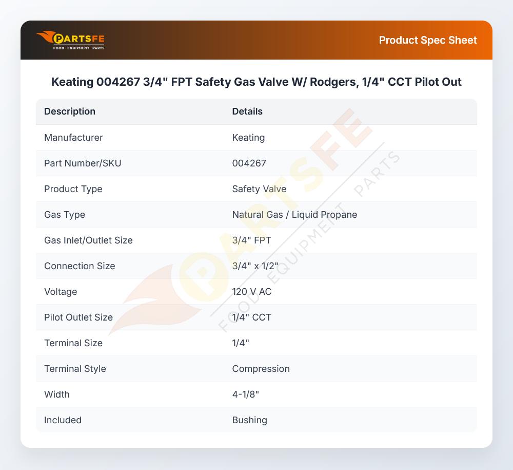 Keating 004267 Braising Pan Gas Valve Natural /LP 3/4" FPT 120V
