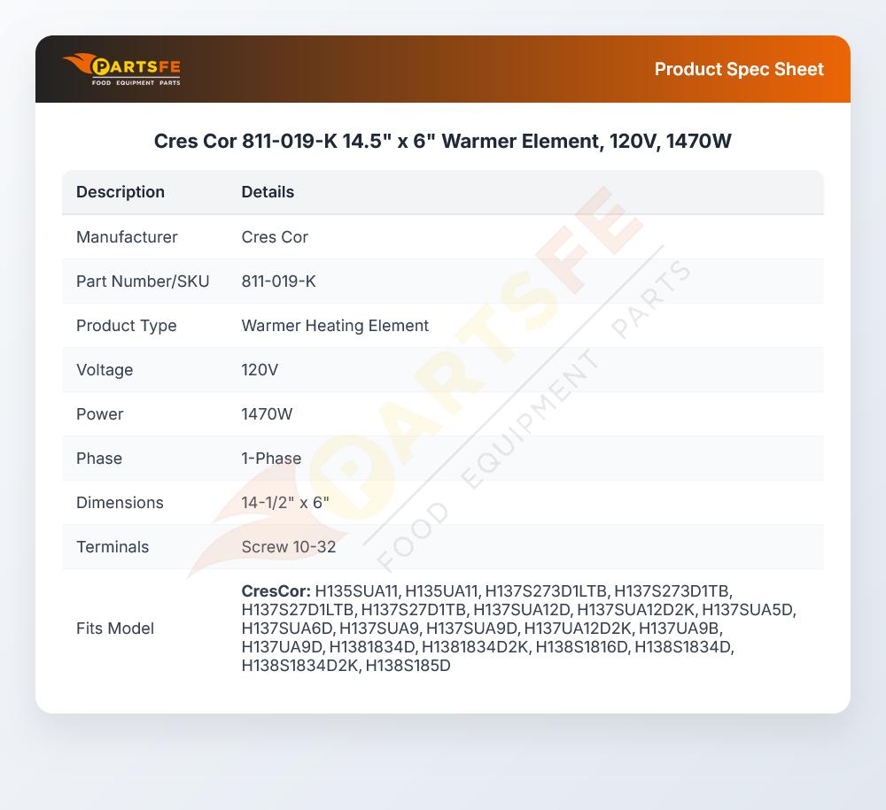 Cres Cor 811-019-K 14.5" x 6" Warmer Element, 120V, 1470W
