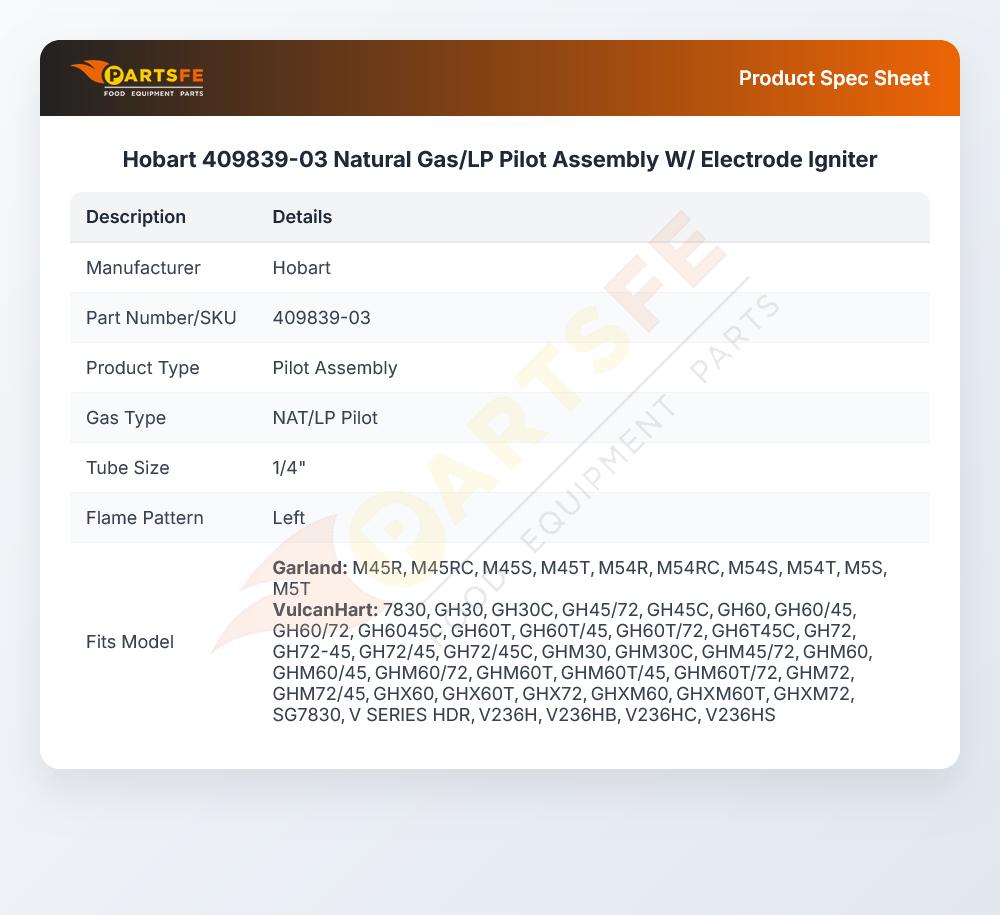 Hobart 409839-03 Natural Gas/LP Pilot Assembly W/ Electrode Igniter