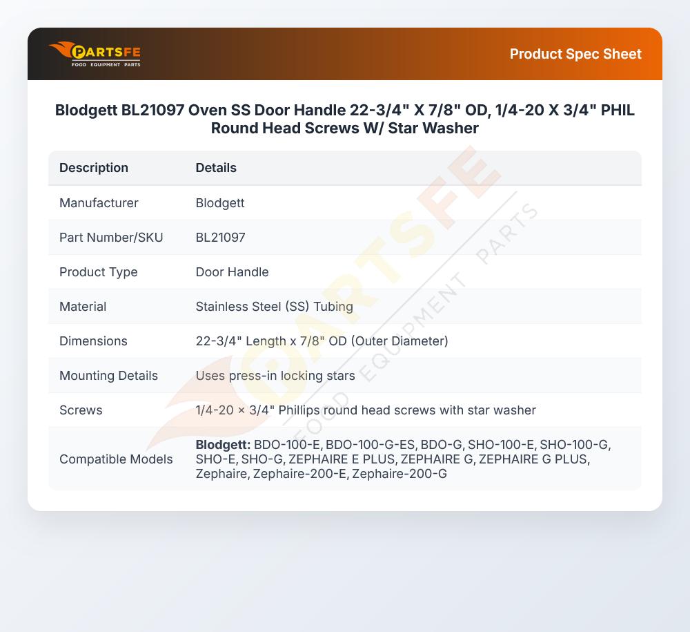 Blodgett BL21097 Oven SS Door Handle 22-3/4" X 7/8" OD, 1/4-20 X 3/4" PHIL Round Head Screws W/ Star Washer
