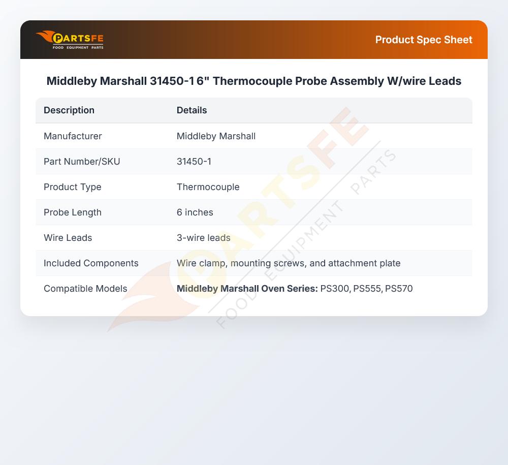 Middleby Marshall 31450-1 6" Thermocouple Probe Assembly W/wire Leads