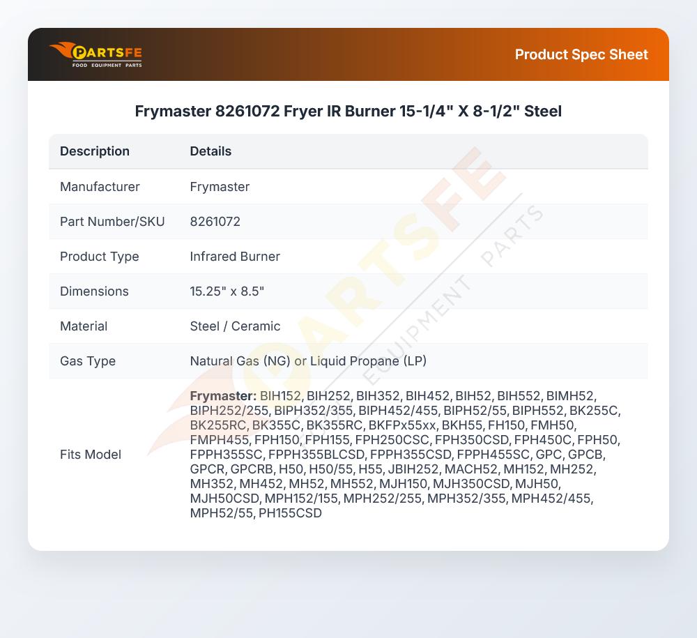 Frymaster 8261072 Fryer IR Burner 15-1/4" X 8-1/2" Steel