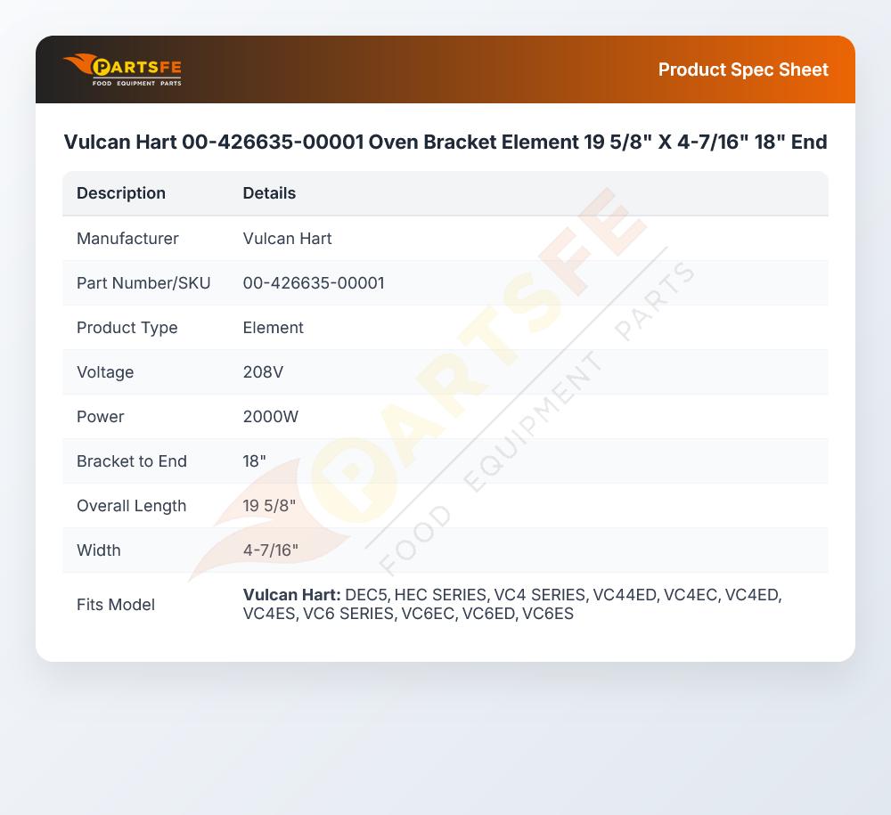 Vulcan Hart 00-426635-00001 Oven Heating Element 19-5/8" X 4-7/16" 18" 2000W 208V