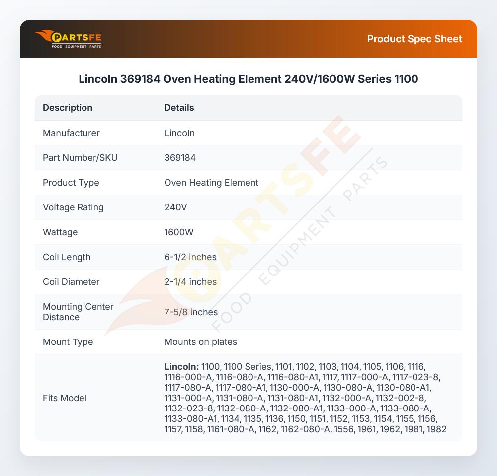 Lincoln 369184 Oven Heating Element 240V/1600W Series 1100