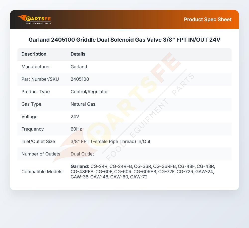 Garland 2405100 Griddle Dual Solenoid Gas Valve 3/8" FPT IN/OUT 24V