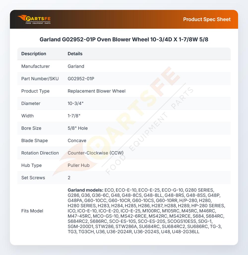 Garland G02952-01P Oven Blower Wheel 10-3/4D X 1-7/8W 5/8