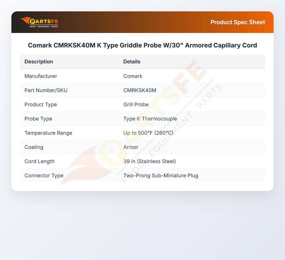 Comark CMRKSK40M K Type Griddle Probe W/30" Armored Capillary Cord
