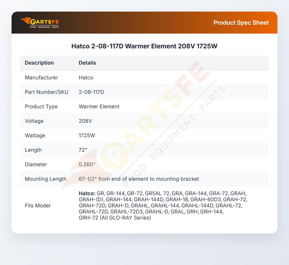 Hatco 2-08-117D Warmer Element 208V 1725W