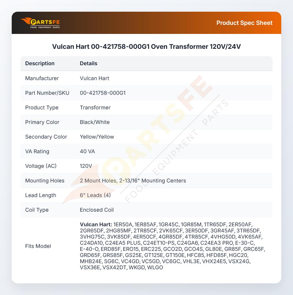 Vulcan Hart 00-421758-000G1 Oven Transformer 120V/24V