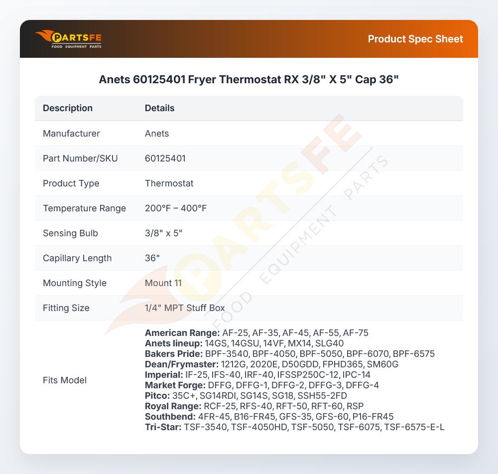 Anets 60125401 Fryer Thermostat RX 3/8" X 5" Cap 36"