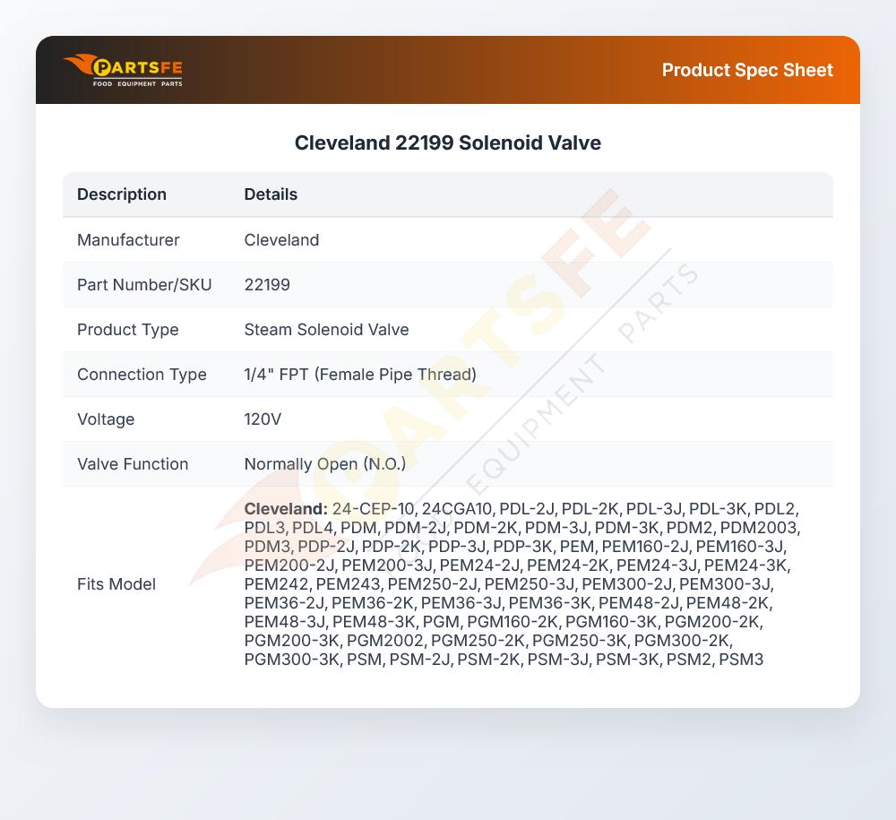 Cleveland 22199 Range Steam Solenoid Valve 1/4" 120V