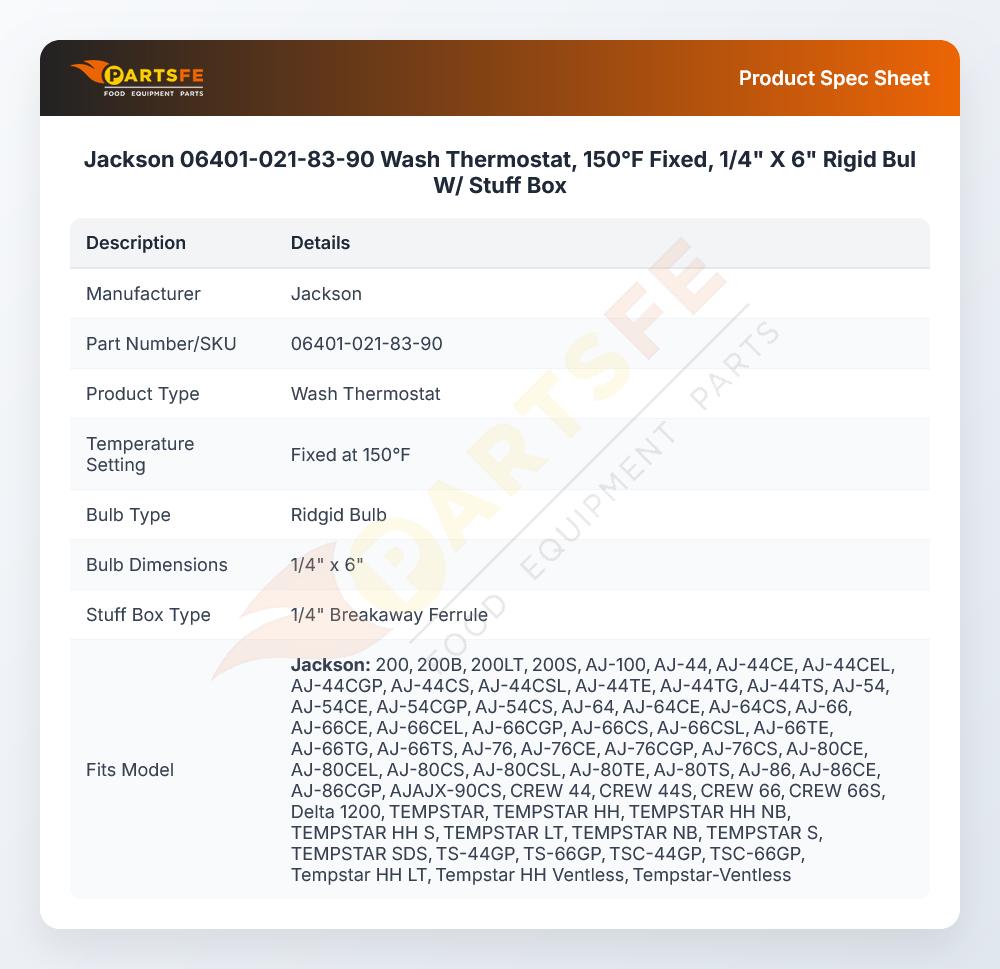 Jackson 06401-021-83-90 Wash Thermostat 150&deg;F Fixed 1/4" X 6"