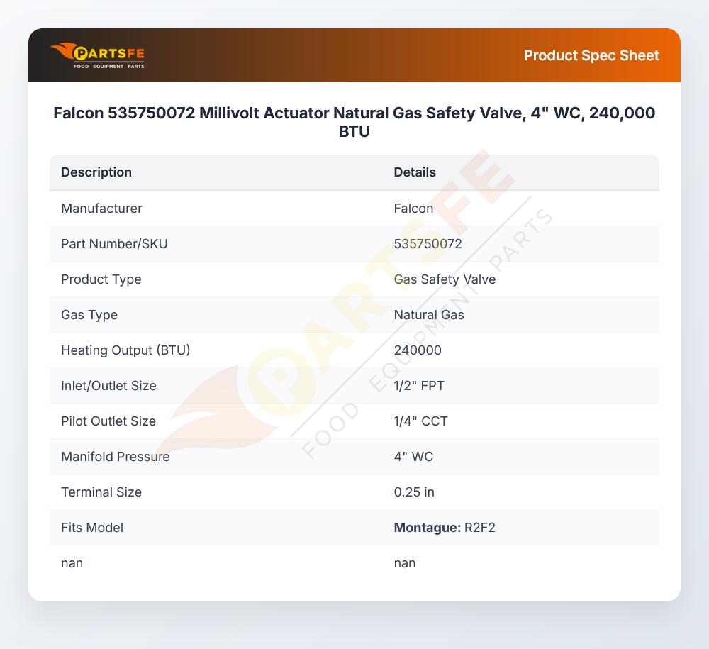 Falcon 535750072 Natural Gas Safety Valve 4" WC 240000 BTU 7000