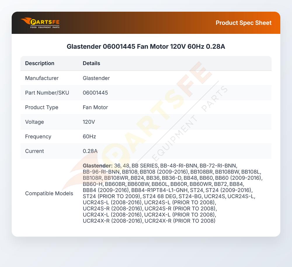 Glastender 06001445 Fan Motor 120V 60Hz 0.28A