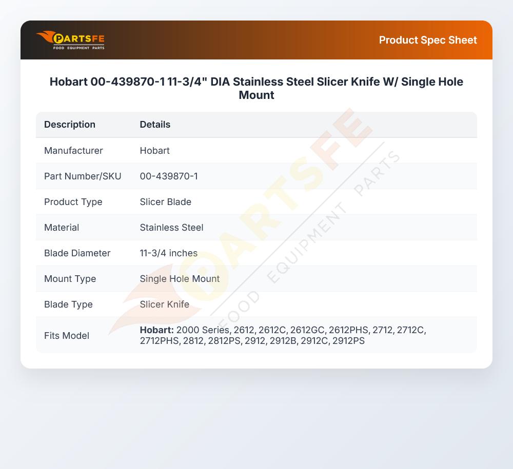 Hobart 00-439870-1 Knife W/Single Hole Mount 11-3/4" DIA S/S