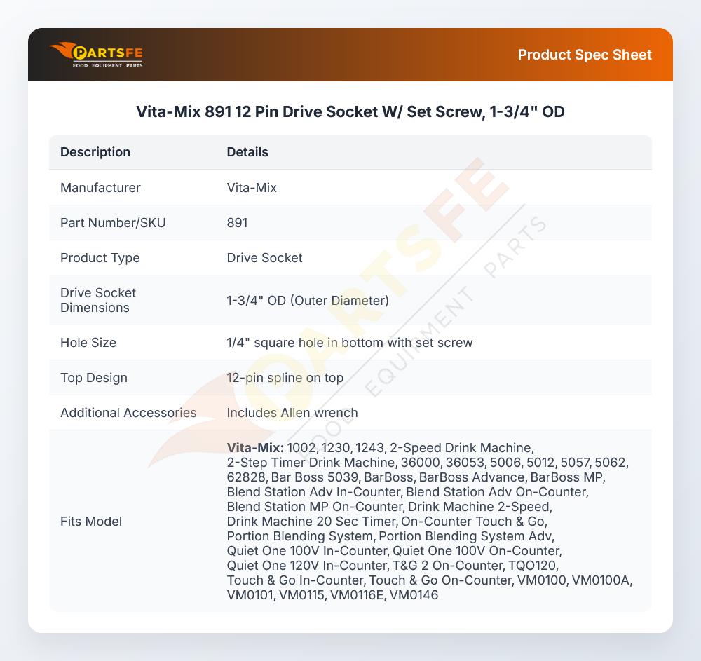 Vita-Mix 891 Drive Socket Kit 12-Pin 1-3/4" OD