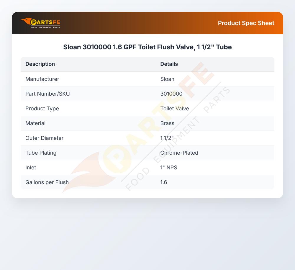 Sloan 3010000 Toilet Flush Valve 1-1/2" Tube 1.6 GPF