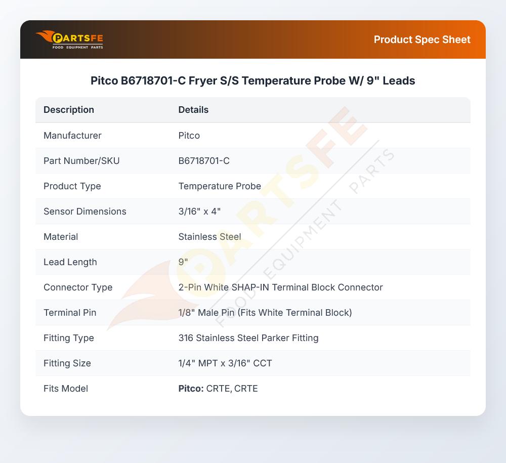 Pitco B6718701-C Fryer  S/S Temperature Probe W/ 9" Leads
