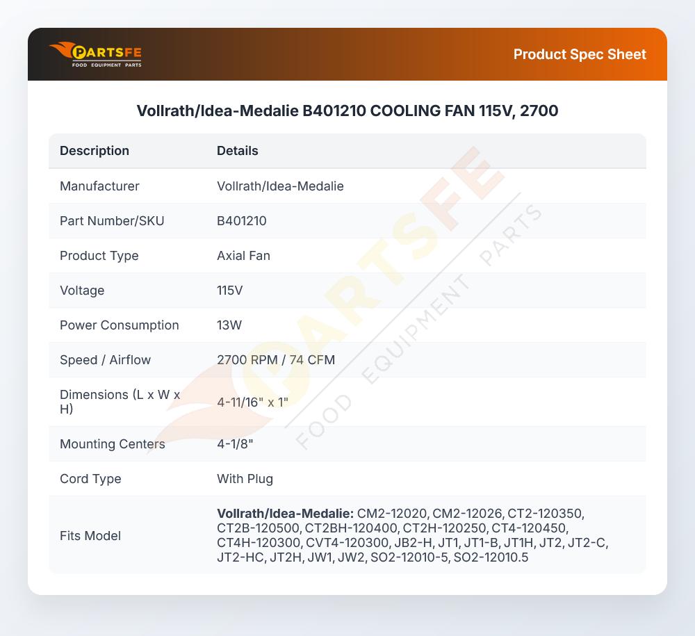 Vollrath/Idea-Medalie B401210 COOLING FAN 115V, 2700