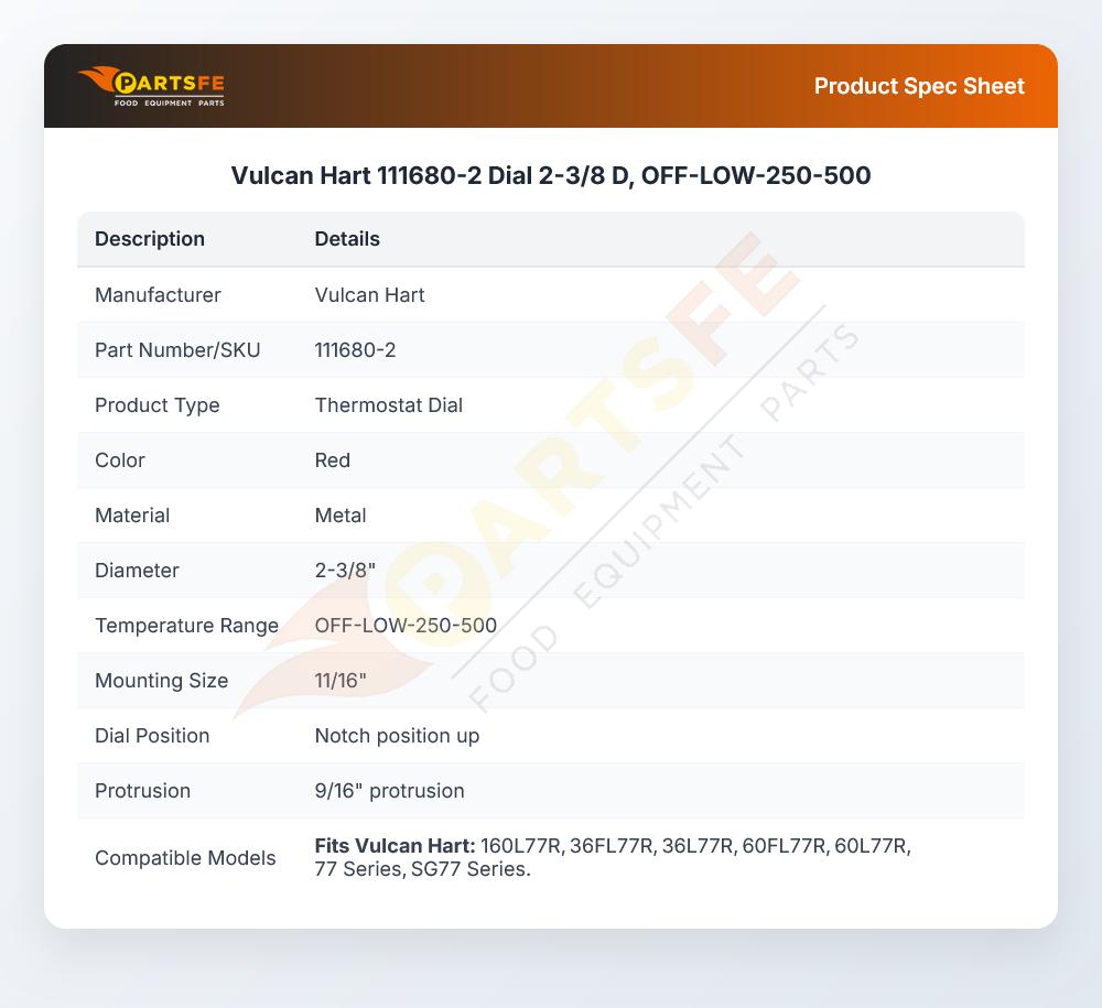 Vulcan Hart 111680-2 Dial 2-3/8 D, OFF-LOW-250-500