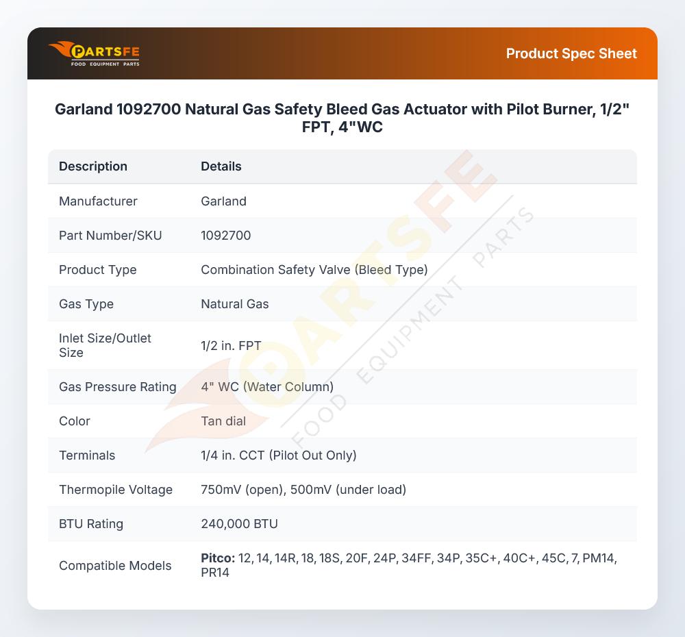 Garland 1092700 Natural Gas Valve 1/2" FPT
