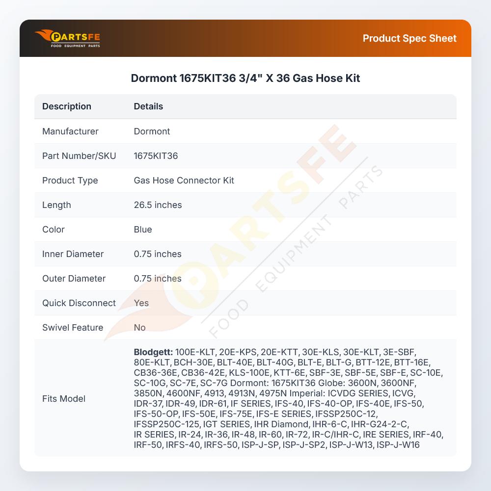 Dormont 1675KIT36 3/4" X 36 Gas Hose Kit