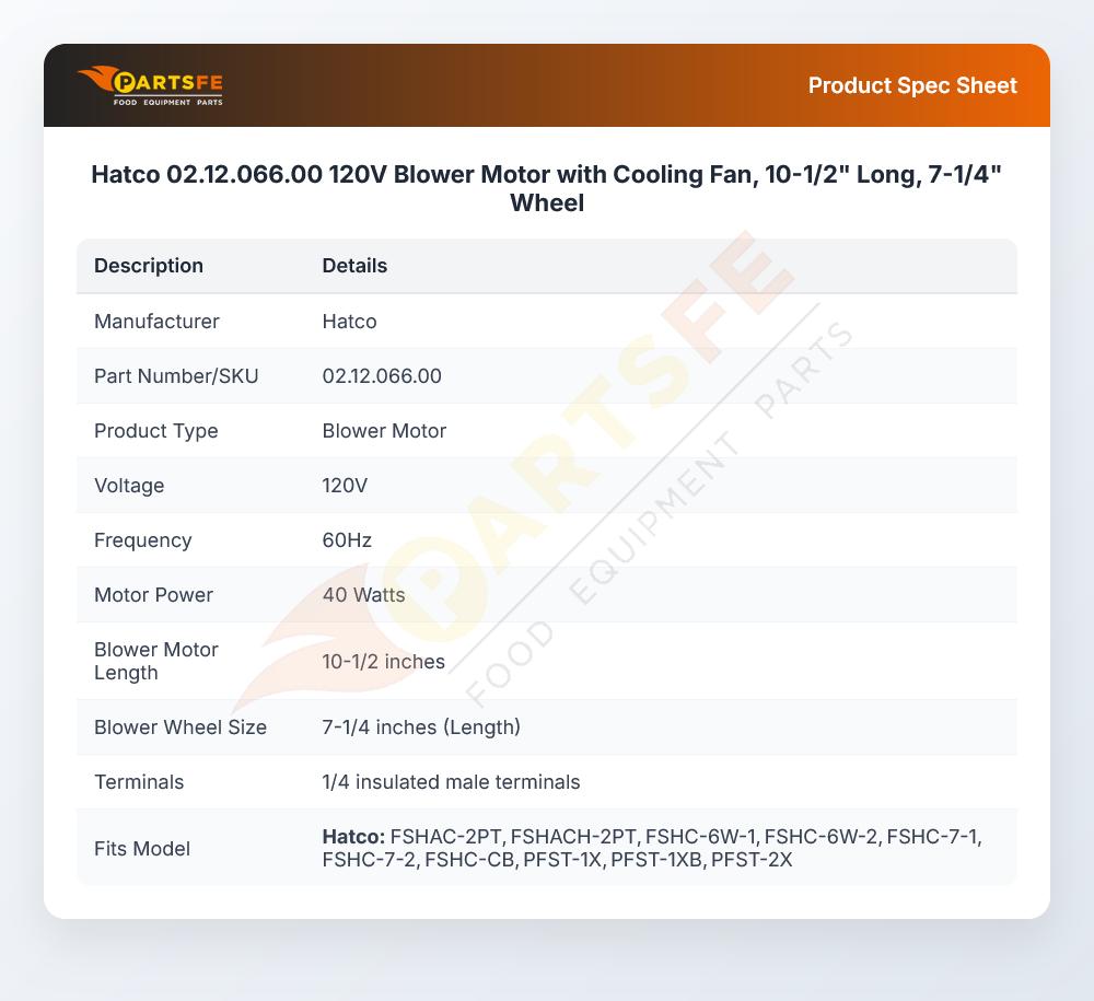 Hatco 02.12.066.00 120V Blower Motor with Cooling Fan, 10-1/2" Long, 7-1/4" Wheel