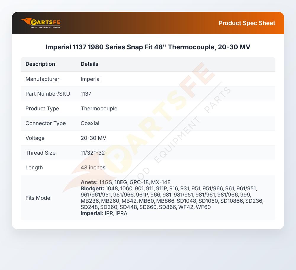 Imperial 1137 Thermocouple 48" 20-30mV 1980 Series