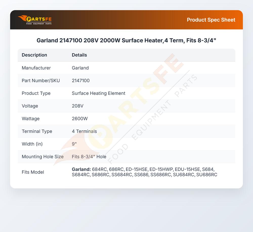 Garland 2147100 Sealed Element 8-3/4" 2000W 208V