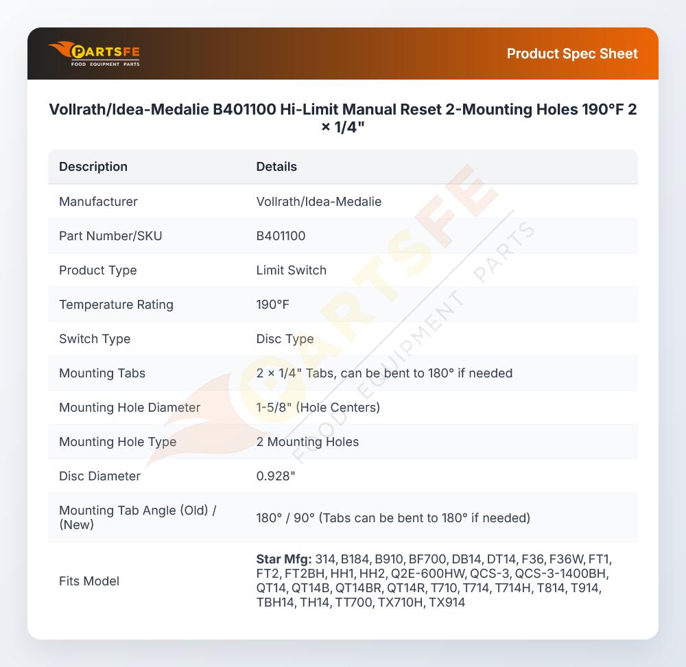 Vollrath/Idea-Medalie B401100 Hi-Limit Reset Switch 190&deg;F 2 x 1/4"