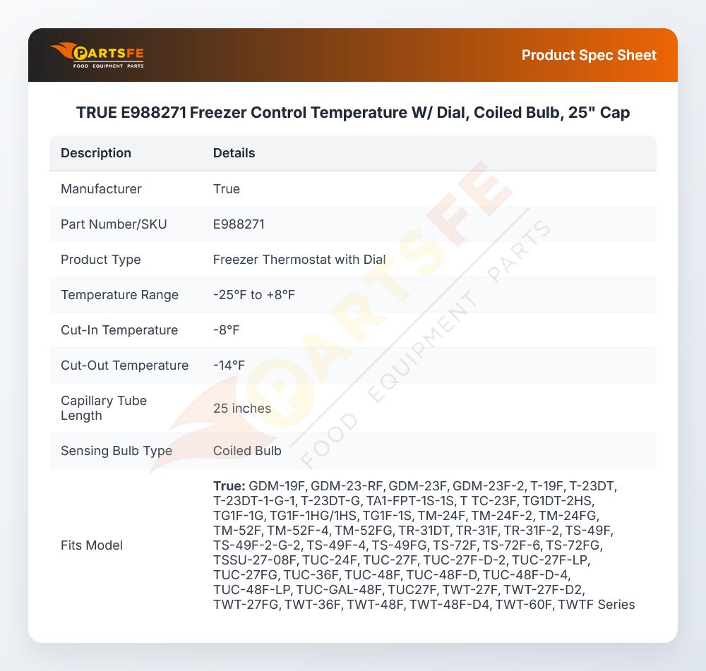 True E988271 Freezer Temperature Control W/Dial Coiled Bulb 25" CAP