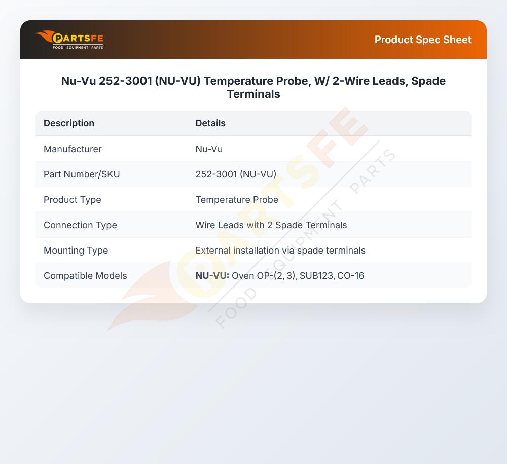 Nu-Vu 252-3001 (NU-VU) Temperature Probe, W/ 2-Wire Leads, Spade Terminals