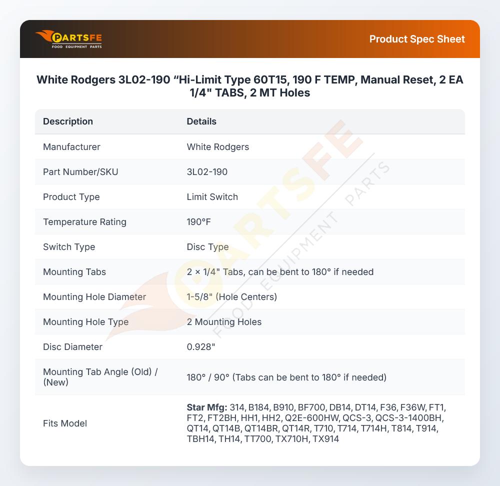 White Rodgers 3L02-190 &ldquo;Hi-Limit Type 60T15, 190 F TEMP, Manual Reset, 2 EA 1/4" TABS, 2 MT Holes