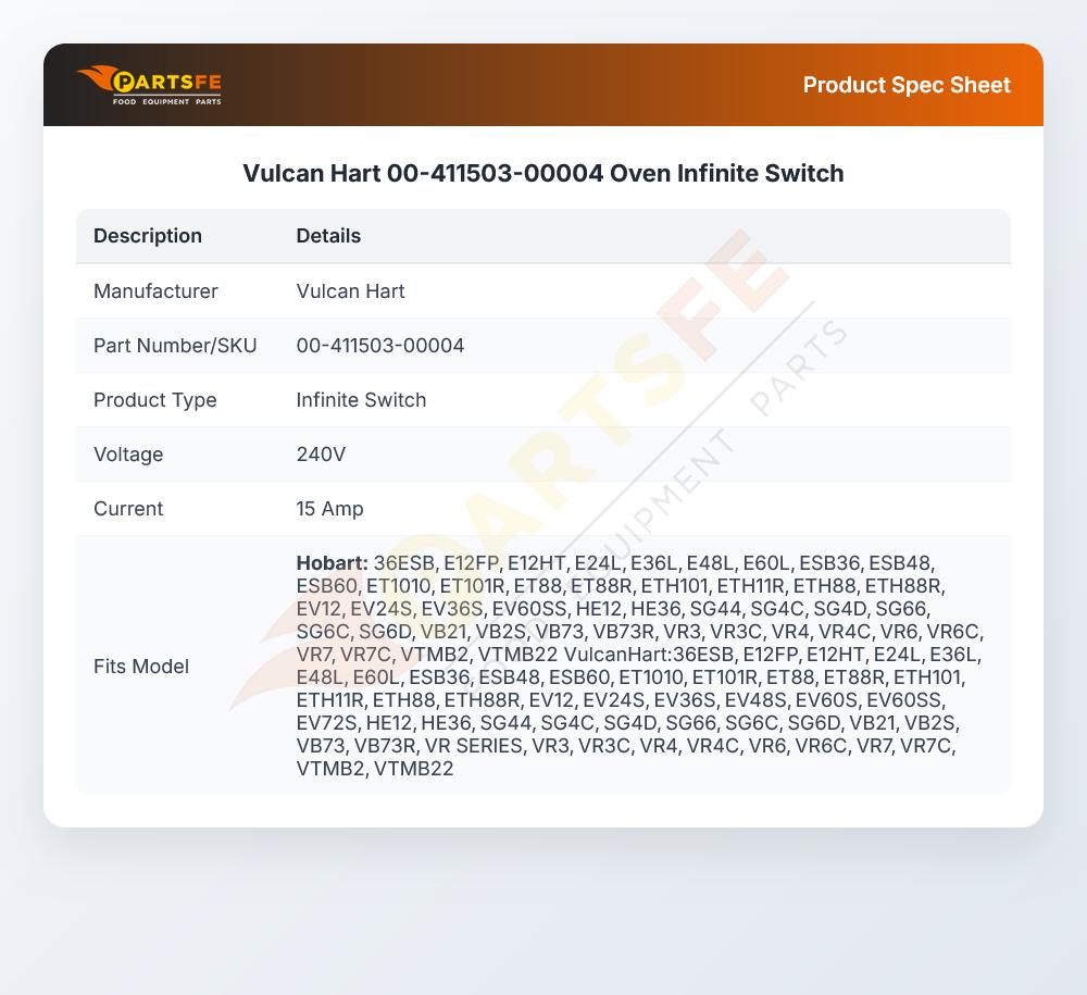 Vulcan Hart 00-411503-00004 Oven Infinite Switch