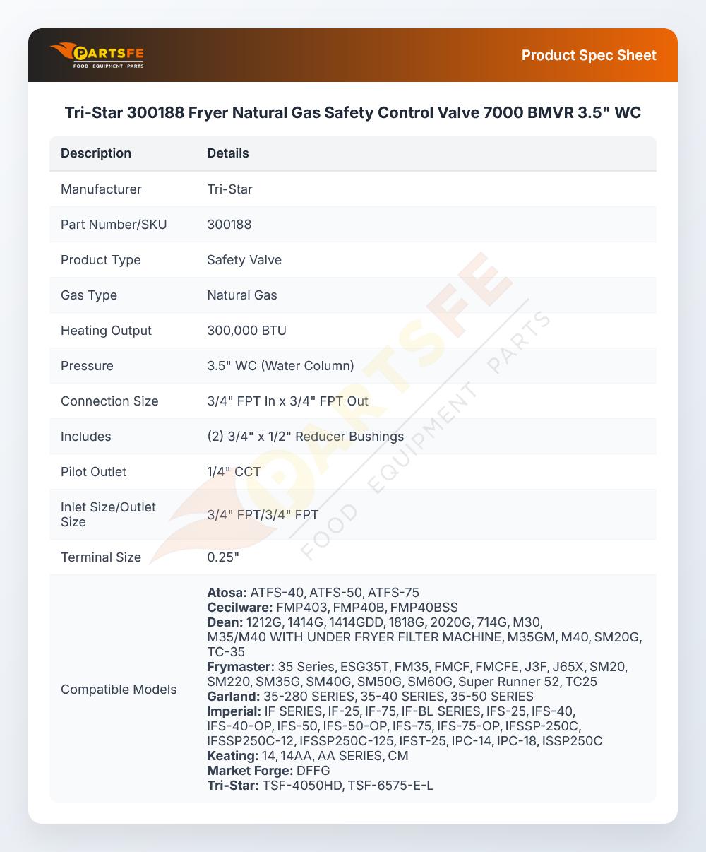 Tri-Star 300188 Fryer Natural Gas Safety Control Valve  7000 BMVR 3.5" WC